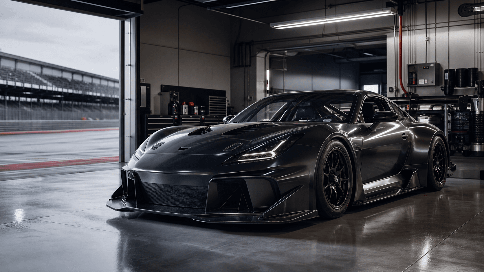 Unbranded race car pit bay used as AutoDiag workshop performance visual