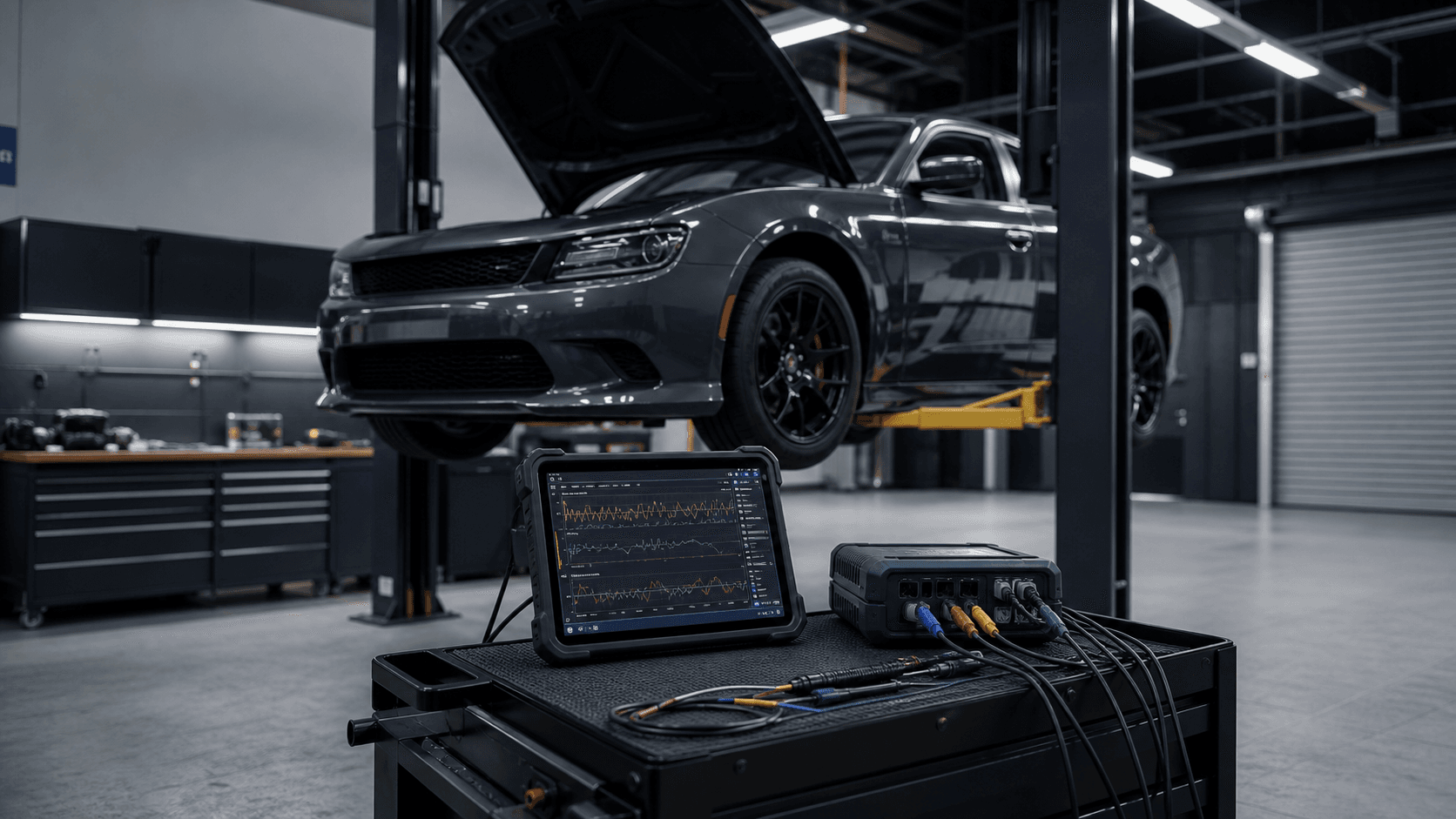 Unbranded workshop diagnostics bay with scan equipment